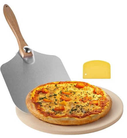 VEVOR Piedra para Hornear Pizza de 381 x 381 mm, Redonda de Cordierita, Placa Grande con Raspador y Pala de Aluminio, 17 mm de Grosor, Resistente al Calor 787 °C, Apta para Horno, Pan y Pizza