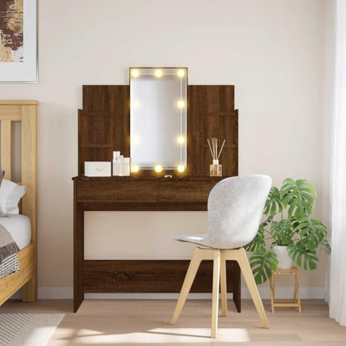 Toletta con Specchio e Luci LED, Tavolino da Toilette Illuminato in Legno Effetto Rovere Marrone, con Cassetti e Ripiani, Scrivania Trucco Salvaspazio, Toeletta Trucco con Luci LED, 96x40x142 cm