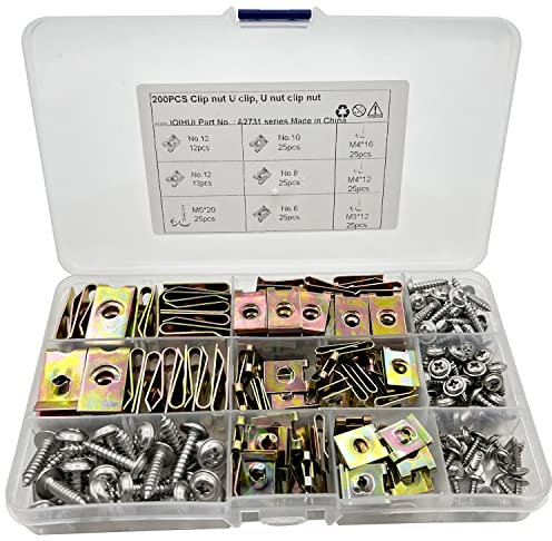NICAVKIT 200pcs Surtido de tornillos y grapas, Juego de tuercas y tornillos para carrocería tipo U, grapas para coche para decoración interior del vehículo, abrazaderas de fijación para coche
