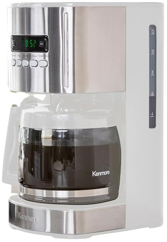 Kenmore drip Coffee Maker - 12 Cup programmable cafe machine with glass pot, regular & bold brew, auto shut off large water reservoir, reusable filter, kitchen appliances for cafeteria barista, White