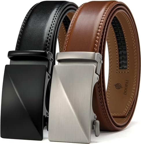 DOOPAI Belt Men, 2 Pack Ratchet Belt Dress Adjustable 1 3/8 Genuine Leather Belt, Designer Belts for Men Metal Buckle, Belt Size Length Can be Cut, with Gift Box