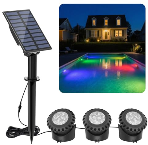 T-SUN Solar Pond Lights (Set of 3) RGB Submersible Underwater Pond Lights Color Changing with 6 LEDs Each IP68 Waterproof Landscape Spotlight for Pond Waterfall Fish Tank Garden Yard Pool Fountain