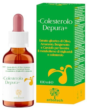 ERBOTECH, Tintura Madre Mix -Colesterolo Depura+, Analcolica, in Gocce da Diluire, Aiuta il Metabolismo del Colesterolo, con Olivo, Amaranto, Bergamotto, Carciofo, Vegan, non OGM, Made in Italy, 100ml