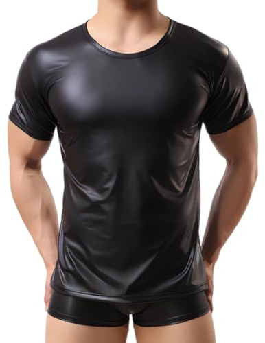 Men's Shiny Metallic Tank Top, PVC Leather Short Sleeve Undershirt T-Shirts, Round Neck Muscle Tight Tee Shirts Clubwear, Black Slim Fit Dance Top T-Shirt for Night Club Music Festival Disco Costume | Muscle Tight Tee Shirts Clubwear, Black Slim Fit Dance Top Undershirt T-Shirts for Night Club Music Festival Disco Costume