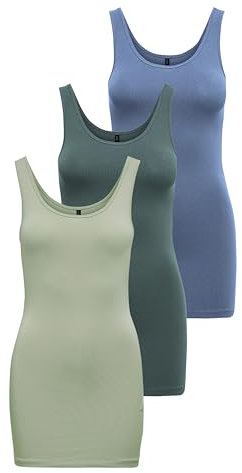 ONLY Damen Onllive Love Long Tank TOP 3er Pack Top für Frauen, Desert Sage/Balsam Green/China Blue, S