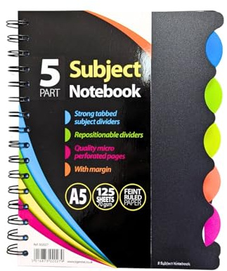 A4 / A5 5-Part Subject Notebook with Strong Repositionable Tabbed Dividers Micro-Perforated Feint Ruled Pages with Margin 70 gsm Paper - Available in Packs of 1 3 or 5 - Ideal for School Office Home