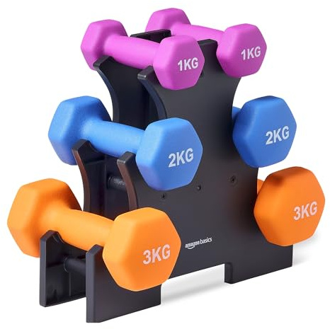 Amazon Basics Neoprene Dumbbell Weights Set with Stand, 1, 2, 3 kg Pairs