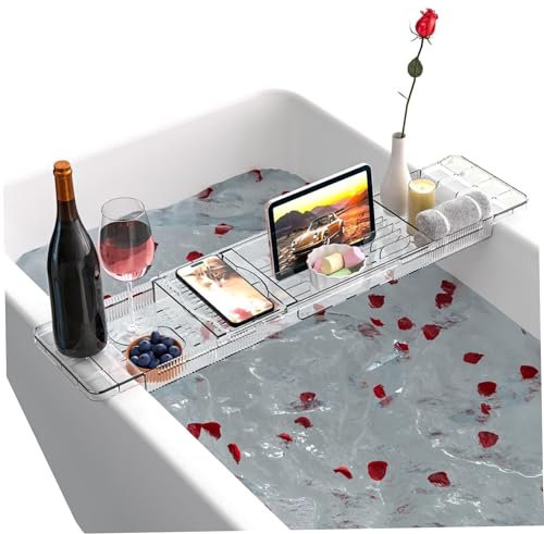 YYLIVING Bandeja de baño de Lujo con Bandeja retráctil, Estante de plástico Impermeable, Compartimentos para Velas, Toallas, Libros, Vino, teléfono, repisa de Ducha, relajación máxima.