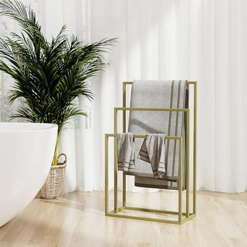 Estante de Toallas Independientes de Oro 48x24x79 CM Rack de Toallas Independientes Soporte de Secado de Toallas de Madera sólida con 3 rieles de Toallas y Organizador de Accesorios de baño de