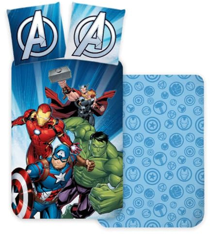 Avengers Bedlinen Single Size | Duvet Cover 140x200 cm with Pillowcase 60x65 cm | 100% Cotton Kids Duvet Cover | Reversible Superhero Bedding Set | Captain America, Iron Man, Hulk, Thor Design