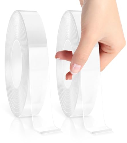 Double Sided Tape Heavy Duty 2Rolls, 10 m × 2cm × 1mm Removable Strong Sticky Elf Tape Multipurpose Clear Nano Tape Traceless Adhesive Picture Hanging Strips for Poster Walls Poster Decor Carpet