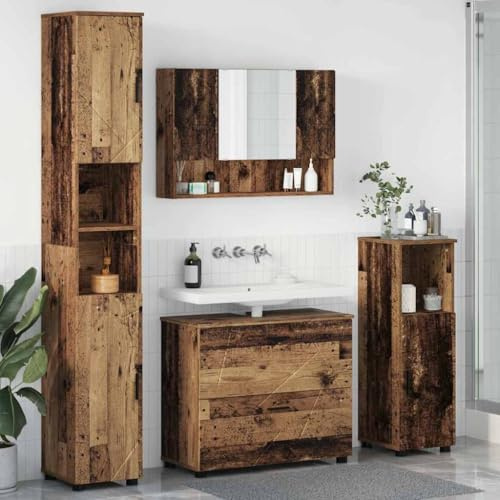 Yunovire badrumsmöbler set med dörr 4 delar av gammalt trä plywood och metall med tvättställsunderskåp, spegelskåp, högskåp, väggskåp för väggmontering och förvaringsutrymme i badrummet