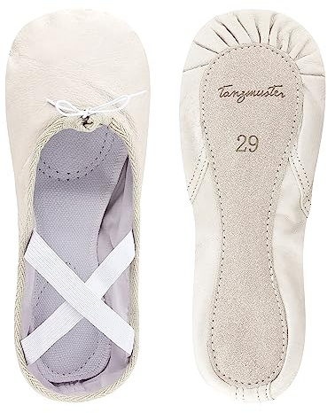 tanzmuster Ballettschuhe Mädchen - Sasha - Leder - ganze Ledersohle - Ballettschläppchen für Kinder - Tanzschuhe fürs Ballett - steinweiß, Größe:37