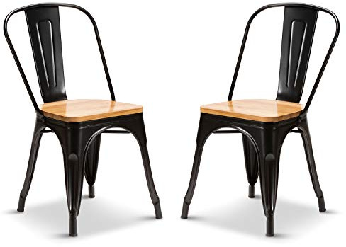 Your Price Furniture.com Set of 2 Matt Black With Oak Wood Seat Metal Industrial Dining Chairs Stacking Retro Style Kitchen Vintage Seat For Home, Bistros and Cafes