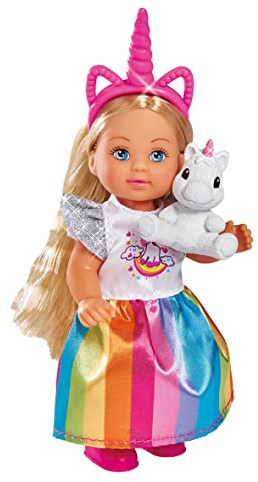 Simba 105733425 - Evi Love Little Unicorn, Puppe in einem süßen Regenbogenkleid mit Einhorn Haarreif und Kuscheltier, 12cm Spielpuppe, ab 3 Jahren