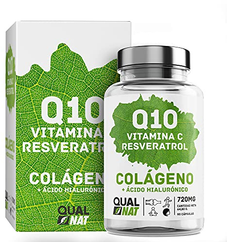 Colageno q10, Coenzima Q10 con Resveratrol y Vitamina C - Ayuda a Fortalecer Piel, Huesos y Articulaciones - Formato 90 Cápsulas - Ácido Hialurónico – Plus de Hidratación de la Piel – QUALNAT