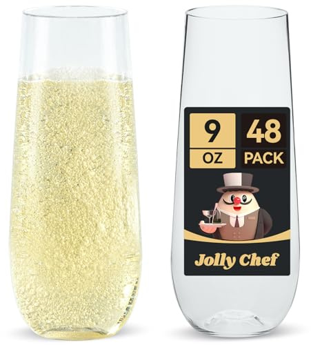 JOLLY CHEF 48 Pack Stemless Plastic Champagne Flutes 9 oz, Crystal Clear Stemless Plastic Toasting Glasses, Clear Disposable Unbreakable Drinkware Ideal for Wedding, Birthday, Party, Thanksgiving