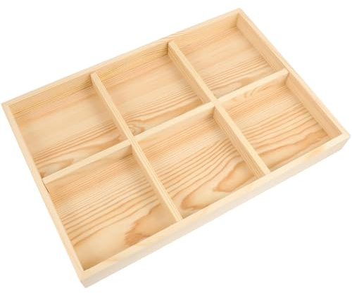 SEWACC Wooden Jewelry Tray Vintage Ring Dish Jewelry Storage Tray with 6 Grids Organizer for Rings Earrings Bracelets Necklaces Watches Keys Desk Display