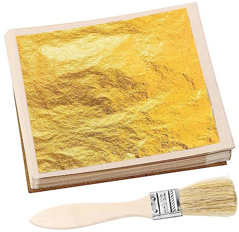 200 Sheets Gold Leaf Sheets, 9.5 x 8.5 cm Imitation Gold Leaf Gold Foil Paper Multipurpose Gold Leaf with Brush for Gilding Paintings Arts Crafts Nail Picture Frames Furniture Decoration