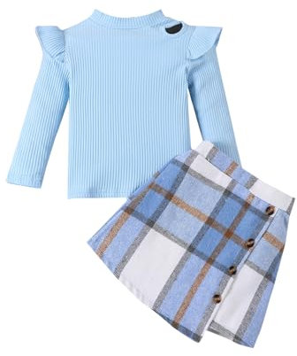 Qiraoxy Baby Girl Clothes Ruffle Ribbed Long Sleeve T-Shirt Top Plaid Skirt Fashion Set 2Pcs Toddler Kids Girl Fall Winter Outfits 1-6 Years Blue