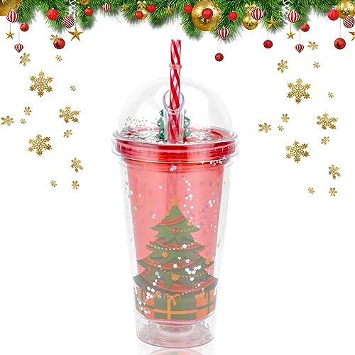 Vaso de Agua de Navidad 450ml Vaso con pajita y tapa Taza helada de doble pared Vaso de bebida de plástico navideño con LED Vaso de pajita con luz Árbol de Navidad para niños Adultos Xmas Regalo