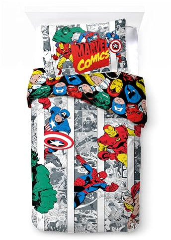Character World Disney Official Marvel Avengers Single Kids Duvet Cover Set | Reversible 2 Sided Bedding Including Matching Pillow Case | Comic Coolness Design Single Bed Set