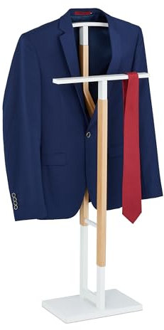 Relaxdays Herrendiener, für Jackett & Hose, HBT: 106,5 x 47 x 20 cm, MDF & Stahl, stehender Stummer Diener, weiß/natur