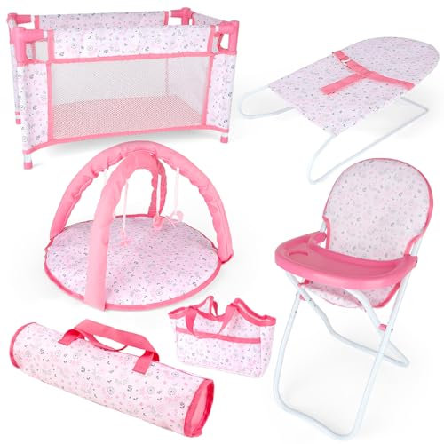 deAO Ensemble 6 en 1 Accessoires Poupée Pliable Et Transportable,avec Chaise Haute,Tapis D'Éveil,Lit Poupon,Sac,Sièges Inclinables pour Bébé, Sacs De Voyage,Cadeaux pour Filles