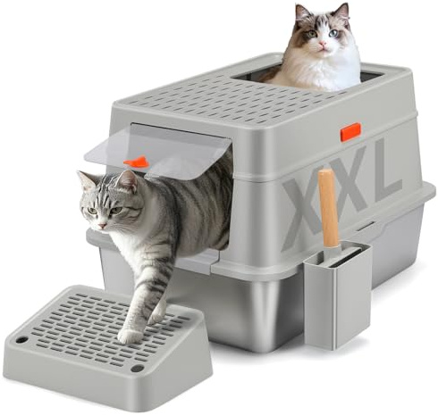 Shikha Edelstahl Katzenklo mit Deckel, 60.5L*40.5B*38H cm XXL Katzenklo Edelstahl Geschlossen, Große 35L Katzentoilette Metall mit Schaufel und Fußpedal, Hoher Rand, Auslaufsicher und Leicht Reinigen