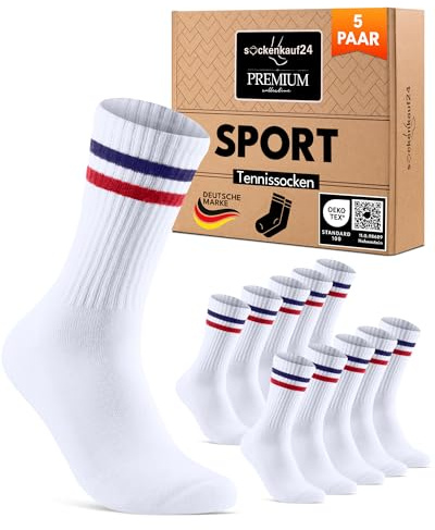 sockenkauf24 Chaussettes de Sport Homme Femme Chaussettes de Tennis Crew Socks Respirantes et Renforcées 17900 (39-42 Blanc - Ringel Rouge/Bleu)