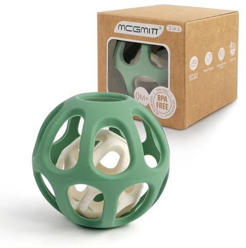MCGMITT Baby Sensorik Ball – 2 in 1 Beißring und Greifball für Babys, Montessori Beißspielzeug aus Zahnungshilfe BPA-frei Silikon leicht zu greifen Motorikspielzeug ab 3-18 Monate Kinder (Grün)