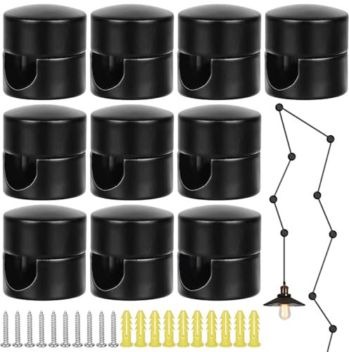 Lot de 10 supports de câbles, deux broches murales et de plafond pour câbles textiles, montage de câble à vis, montage mural, swing singe, montage de surface avec vis et dowels, noir