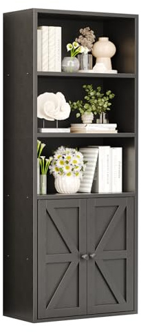 Nordivale Bookcase with Doors 5-Tier Black Bookshelf Tall Cabinet and Bookshelves Wide Floor Standing Book Shelf Tall Display Rack Shelves with Storage Unit for Home Office Living Room Bedroom, 1 Pack