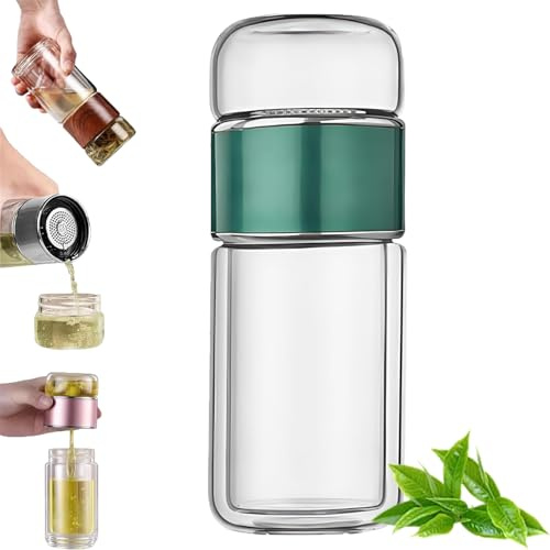 Glasinfusioner, 2025 uppgraderad 3-i-1 smart teinfusioner, prova teava tesil med lock, varm eller kall redo, flip-& bryggdesign, för blommande och lösa blad te och kaffe (grön, 280 ml)