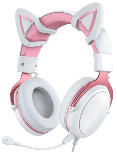 Denash Cat Ear Headphones, Wired RGB Gaming Headset with Mic, Luminous Noise Reduction Over Ear Cute Headphones for Gamers (White Pink with Cat Ears Decor)