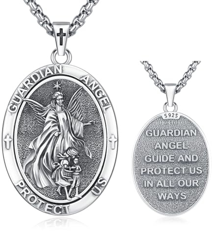 Lfkk 925 Sterling Silver Guardian Angel Pendant Necklace Amulet Medal Catholic Religious Protection Jewelry Gifts with 20+2 Rolo Chain