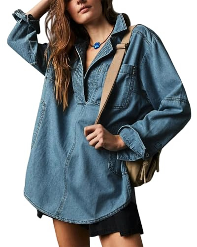 Dam denim pullover ledig knapp v-ringad blus, lös passform långärmad jeansblus med ficka, Mörkblått, S