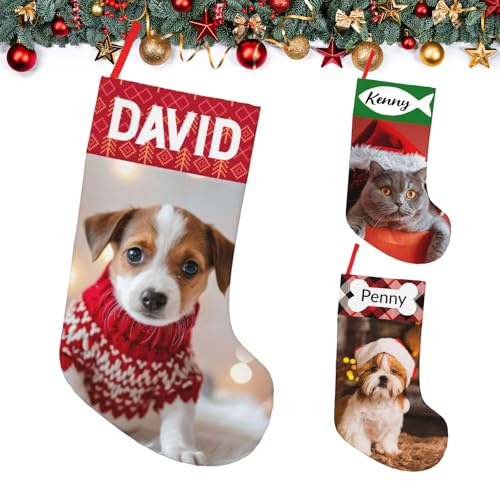 Christmas Stockings Personalised with Photo Name for Pet Dog Cat Custom Xmas Family Stocking Vintage Plaid Large 18” Optional Patterns Christmas Decor (Photo)