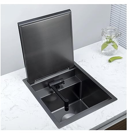 Lavello invisibile con copertura Concea Slow Motion, silenzioso, salvaspazio, design a vasca singola, scarico rapido, 430 x 450 mm, lavello nero per bagni moderni e spazi eleganti