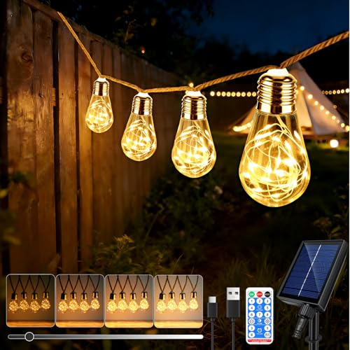 Caldarax 8M 16 LEDs Catena Luminosa Esterno Solare, Corda di Canapa Luci Solari Esterno, 8 Modalità, IP65 Impermeabile, Decorazione per Giardino, Cortile, Patio, Albero, Natale(Bianco Caldo)