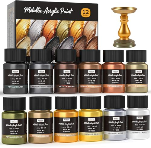 Nicpro Metallic Acrylfarbe 12 Farben X 30 ml, Ungiftig, Metallischer Glanz, Lichtecht, Acrylfarbe Für Kunstmalerei, Kunsthandwerk, Ideal für Verschiedene Oberflächen, Leinwand, Holz, Ton Und Metall