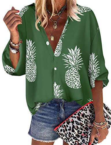 Yihelian Hawaii skjorta damer sommar blus blommor ananas tryck knappar Hawaii-skjorta 3/4 ärm V-ringad skjortblus strandtröja, Hawaii-outfit blusskjorta toppar för strand semester, 1 olivgrön, S