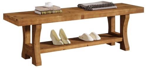 TRIBEWOOD Banc d'Entrée en Bois Massif 140 cm, Banc de Rangement Rustique, Banc à Chaussures avec Étagère, Banc de Bout de Lit pour Chambre, Longue Assise pour Salle à Manger et Salon, Marron