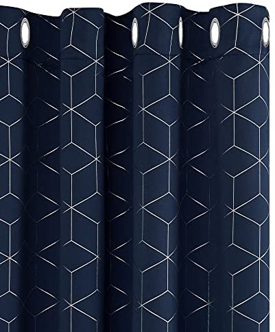 Deconovo Blackout Curtains, Eyelet Curtains, Diamond Foil Printed Thermal Insulated Curtains for Bedroom, 46 x 54 Inch(Width x Length), Navy Blue, One Pair
