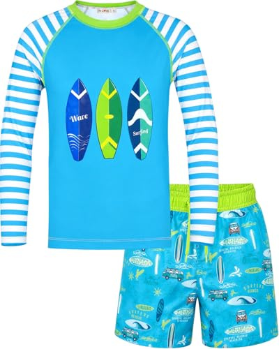 weVSwe Toddler Boys UPF 50+ UV Proction Rash Guard Set Swim Trunks Long Sleeve Swimsuits Woven Swim Shorts Boardshorts Blue Green 4 Years