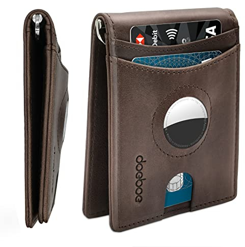 doeboe AirTag Wallet Holder, Genuine Leather Credit Card Bifold Wallet with Money Clip, Minimalist RFID Blocking Slim Front Pocket Wallet, Airtags Accessories for Men Women with Gift Box