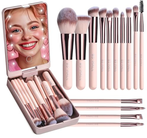 BS-MALL Travel Makeup Brush Set Foundation Powder Concealers Eye Shadows Makeup Set with LED light Mirror 14 Pcs Mini Makeup Brushes (APINK)