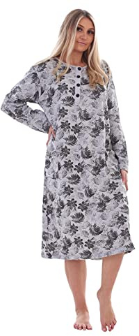 Malay Women Thermal Nightdress Long Sleeve Cotton Brushed Floral Comfort Nightwear Grey