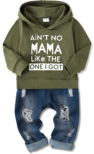 SOLOYEE 2 Pezzi Bimbo Neonato Completini 3-4 Anni Lettera Stampa Pullover con Cappuccio Top + Pantaloni Jeans Strappati, Verde Militare