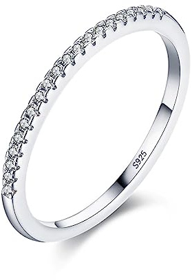 Bellitia Jewelry Anillo Mujer Promesa Apilable Diamante CZ en Plata de Ley 925, Anillos Chapados Rodio/Oro Rosa Anillo de Boda de Media Eternidad Anillo Banda Mujer Niña Elegante